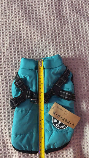 Blue pet jacket with black straps and a measuring tape for size on a textured surface