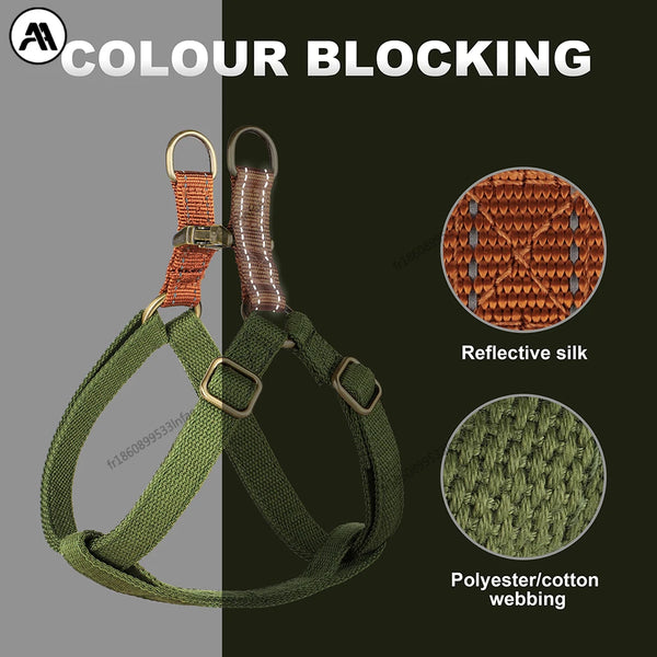 Green dog harness with reflective silk and polyester/cotton webbing, color blocking text above.


