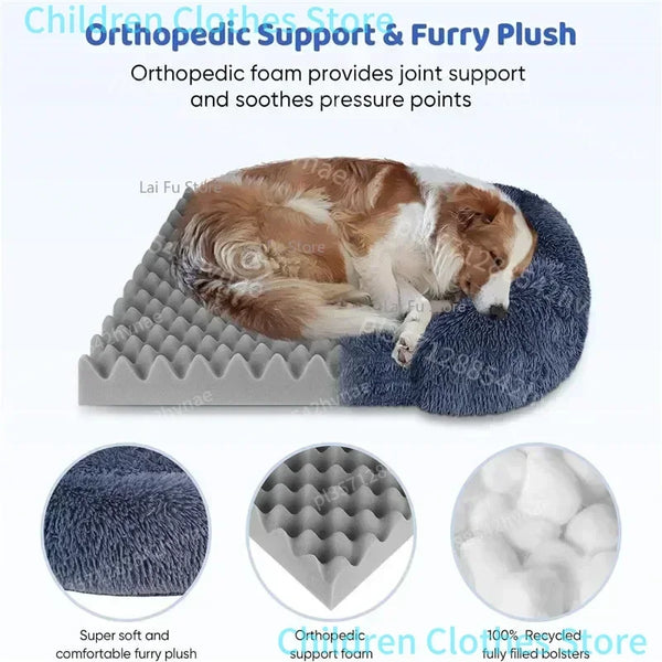 Dog lying on an orthopedic support and furry plush bed with close-up details of materials.

