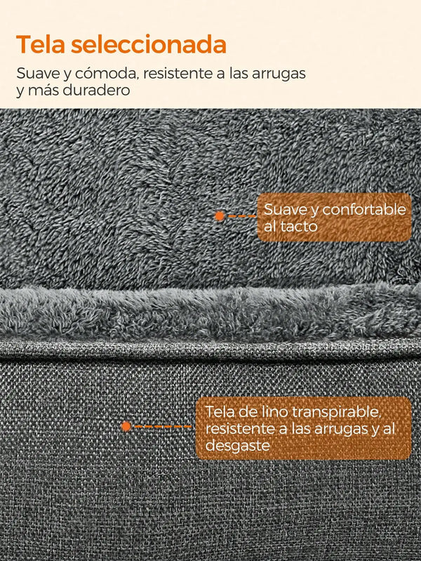 Textile with layers labeled for texture and durability, featuring Spanish text.

